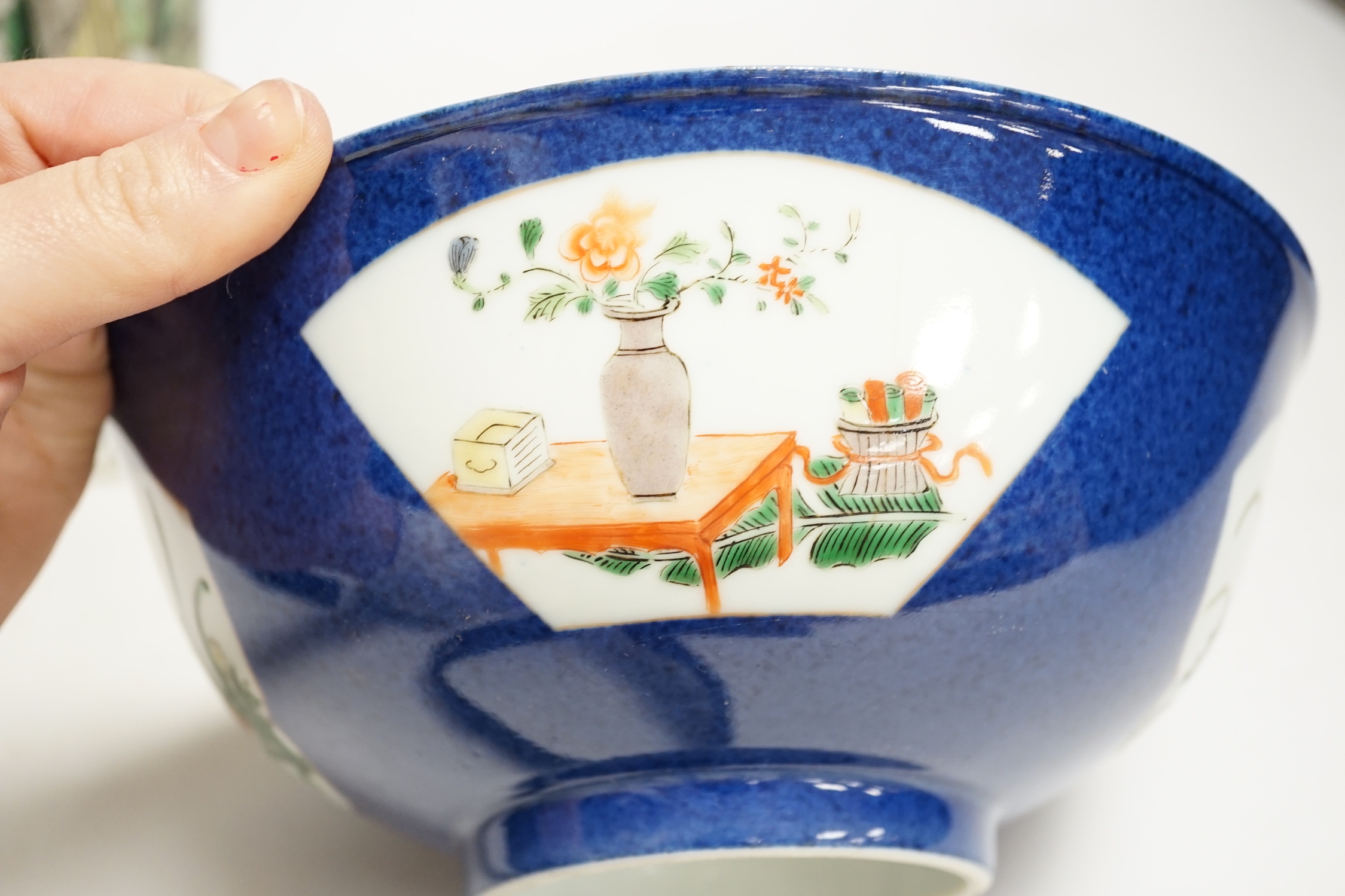 A Chinese famille verte ‘scholars’ vase and a Chinese powder blue bowl, both 19th century, vase, 32cm high